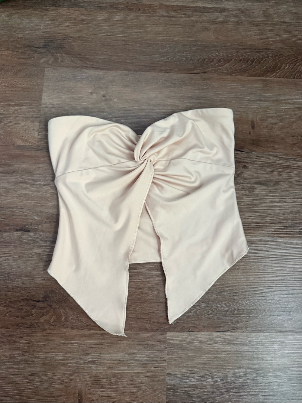 Twist Front Strapless Bandeau Top in Light Beige